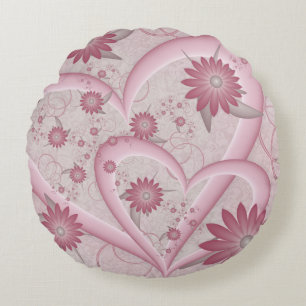 Pink Abstract Hearts & Flowers Love Fractal Art Round Cushion