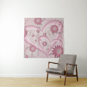 Pink Abstract Hearts & Flowers Love Fractal Art Tapestry