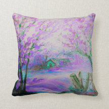 Pink Abstract Landscape with Trees and Cottage