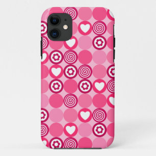 Pink abstract pattern with dots, flowers, hearts a iPhone 11 case