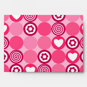 Pink abstract pattern with dots, flowers, hearts envelopes