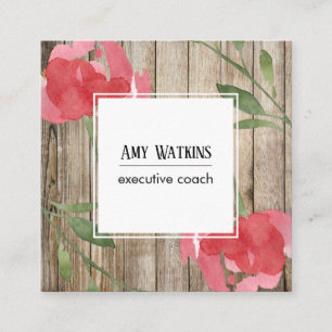 Pink Abstract Rose Buds, Rustic Wood, Social Icons Square Business Card