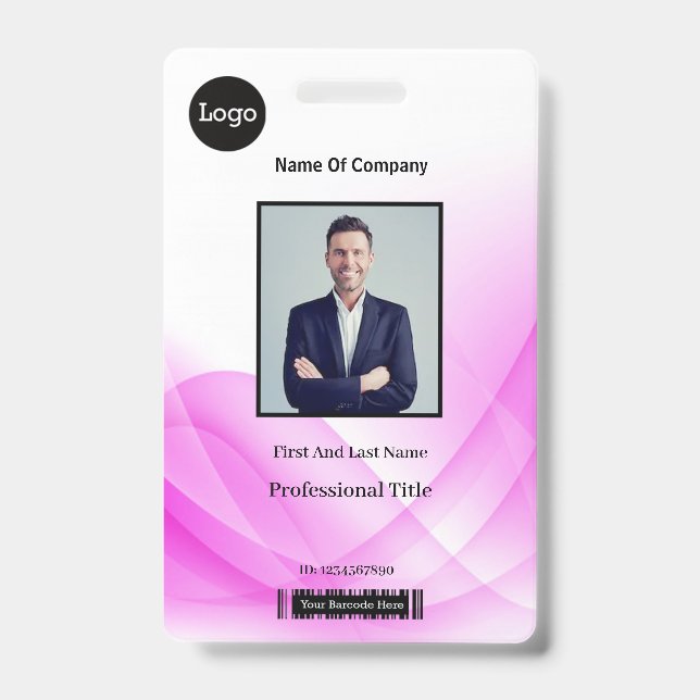 Pink Abstract Wave Business Photo ID Badge (Front)