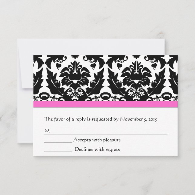 Pink Accent Black and White Damask RSVP Card (Front)