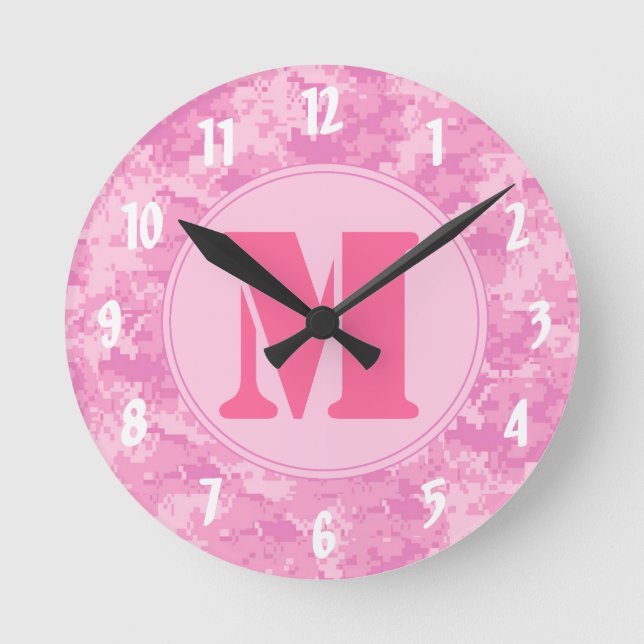 Pink ACU Camo Camoufla Monogram Initial Wall Clock (Front)