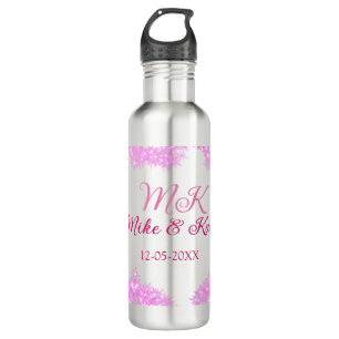 Pink add couple name date monogram glitter sparkle 710 ml water bottle