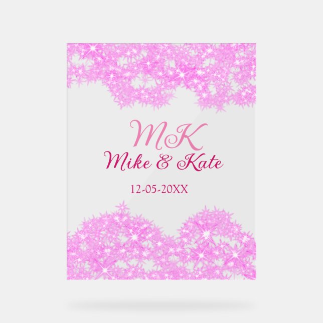 Pink add couple name date monogram glitter sparkle acrylic sign (Front)