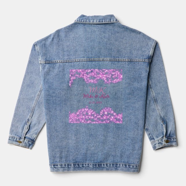 Pink add couple name date monogram glitter sparkle denim jacket (Back)