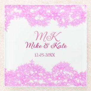 Pink add couple name date monogram glitter sparkle glass coaster