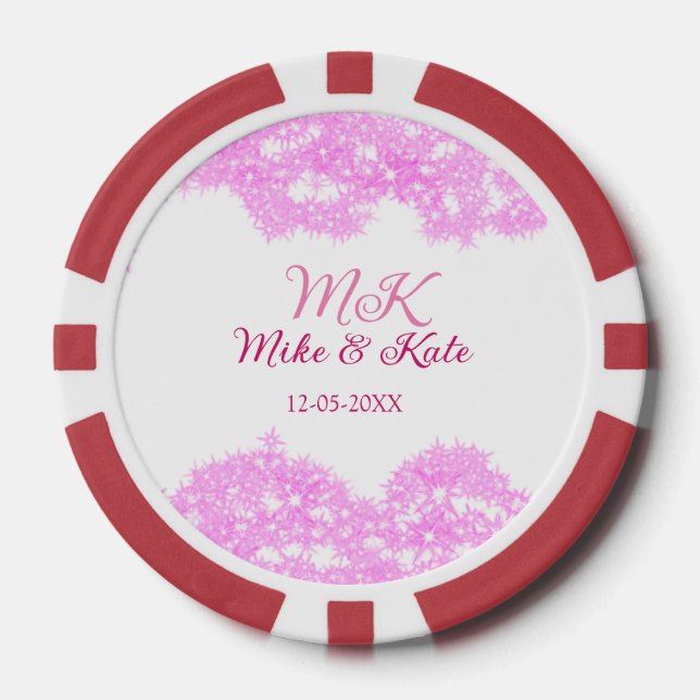 Pink add couple name date monogram glitter sparkle poker chips (Front)