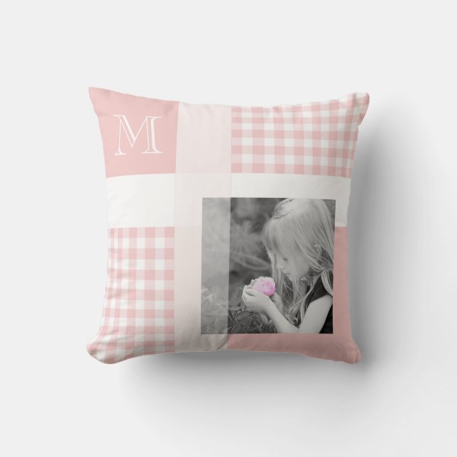 Pink Add Your Photo Gingham Modern Monogram Cushion (Front)