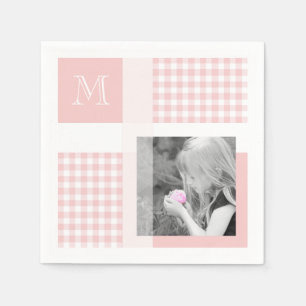 Pink Add Your Photo Gingham Modern Monogram Napkin