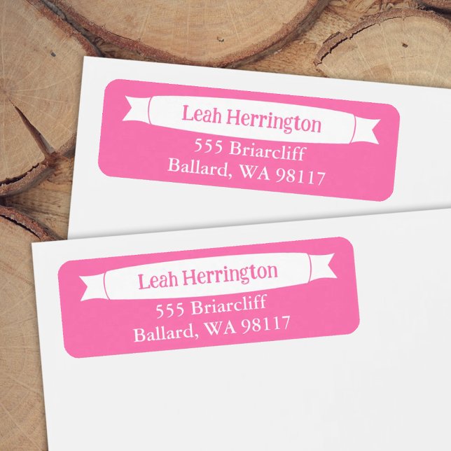Pink Address Label with Decorative Banner (Pink return address labels for envelopes, decorative banner ribbon)