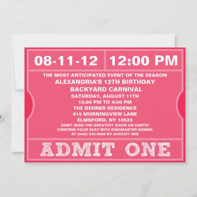 Pink Admit One Ticket Invitation Birthday Party (Front)