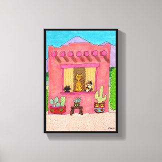 Pink Adobe House Cute Cats Taos Desert Southwest Canvas Print