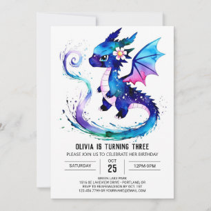 Pink Adorable Dragon Digital Girl Birthday Invitation