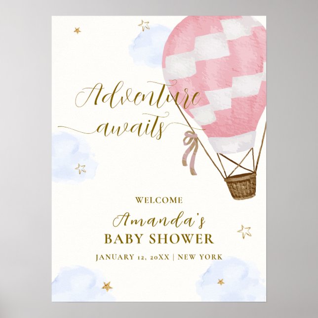 Pink Adventure Hot Air Balloon Baby Shower Welcome Poster (Front)