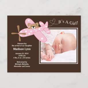 Pink Aeroplane Baby Girl Birth Annoucement Invitation