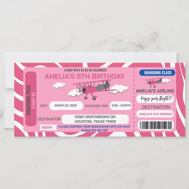Pink Aeroplane Ticket Birthday Party Invitation (Front)
