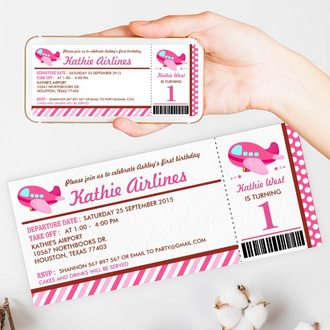 Pink Aeroplane Ticket Birthday Party Invitation (Creator Uploaded)