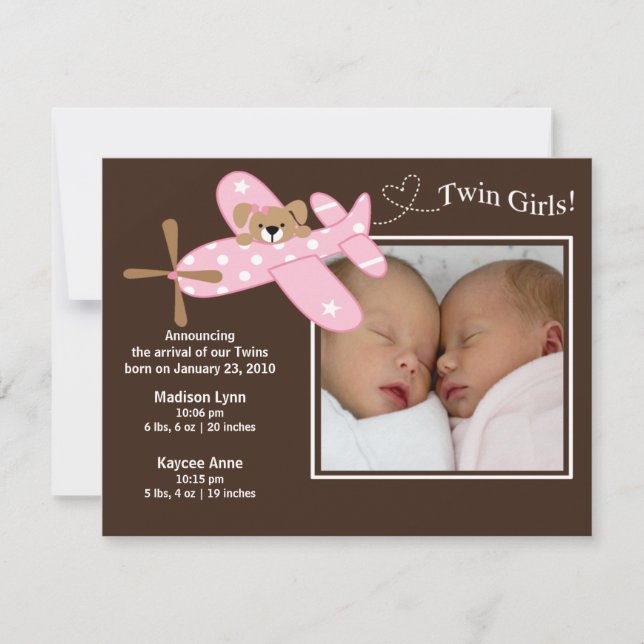 Pink Aeroplane Twin Girls Birth Annoucement Announcement (Front)