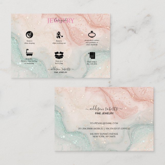 Pink Aesthetic Jewellery Care Square Business Card (Front/Back)