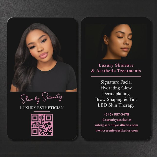 Pink Aesthetician QR Code Luxury Black Beauty Business Card (Creator Uploaded)