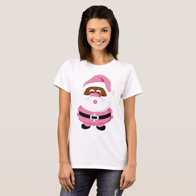 Pink African-American black Santa Claus Christmas T-Shirt (Front Full)