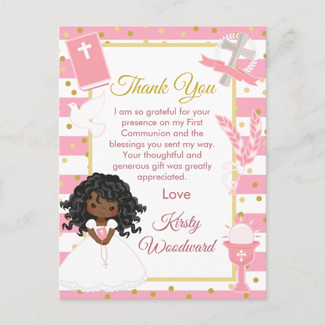 Pink African American Girl First Communion Postcard (Front)