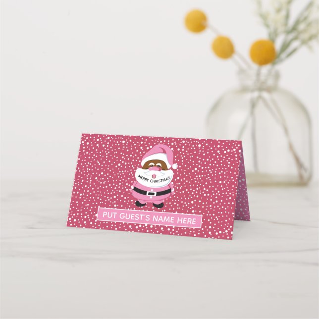 Pink African-American Santa Claus Christmas escort Place Card (Front)