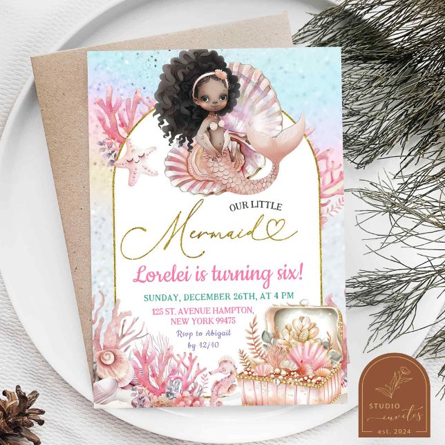 Pink African Sea Mermaid Birthday Girl Invitation (Creator Uploaded)