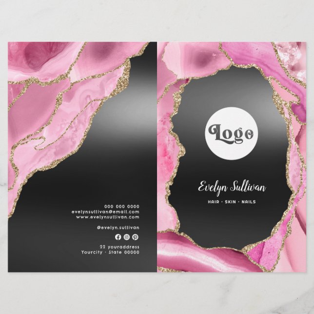 Pink agate black foil service menu brochure (Front)