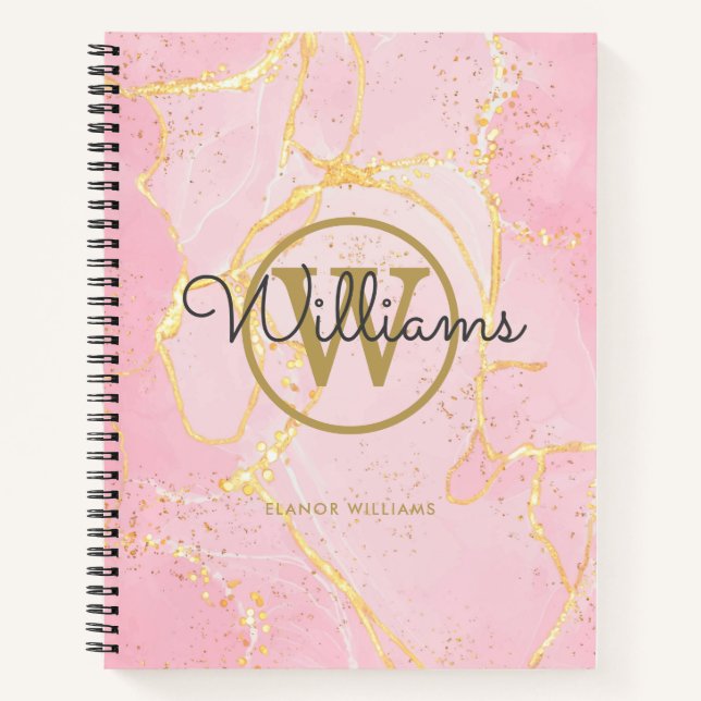 Pink Agate Geode Gold Monogram Script Notebook (Front)