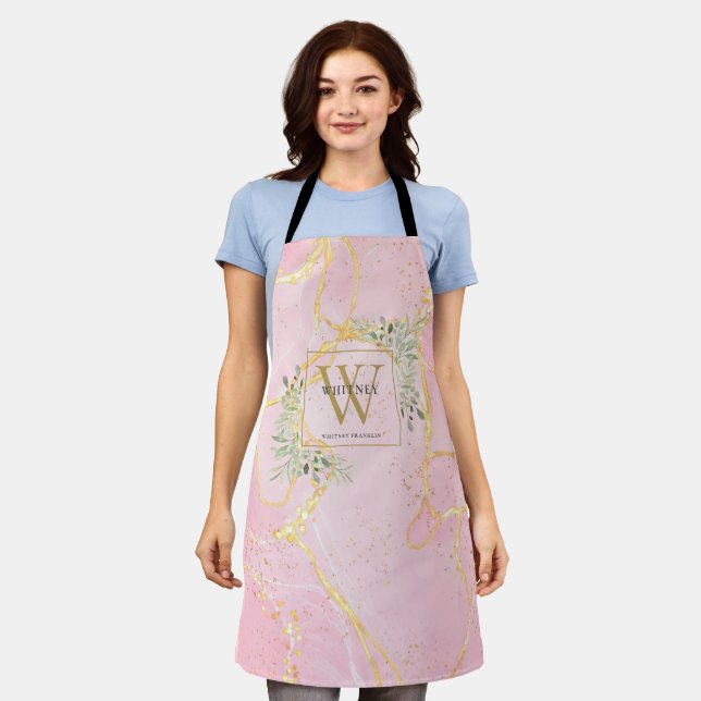 Pink Agate Geode Greenery Leaves Gold Monogram Apron (Worn)