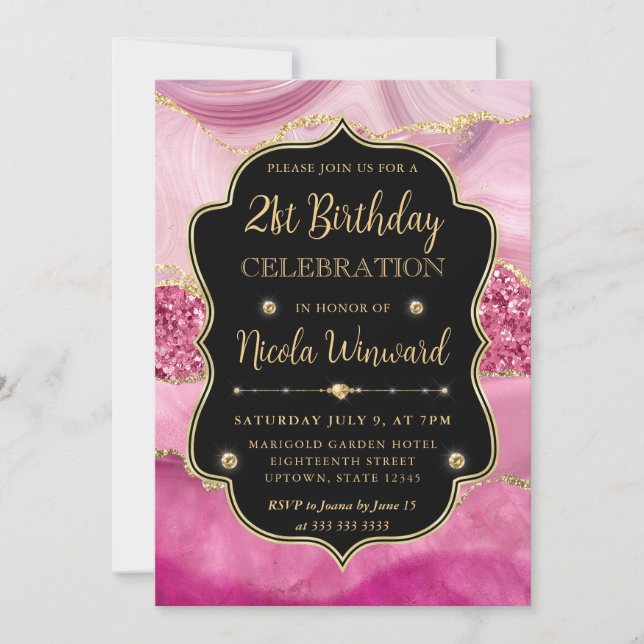 Pink Agate Geode Slices and Gold Glitter Birthday Invitation (Front)