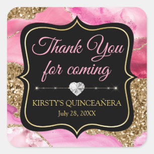 Pink Agate Geode Slices & Gold Glitter Quinceañera Square Sticker