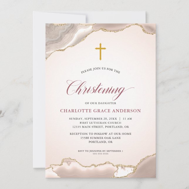 Pink Agate Gold Glitter Script Baby Girl Baptism Invitation (Front)