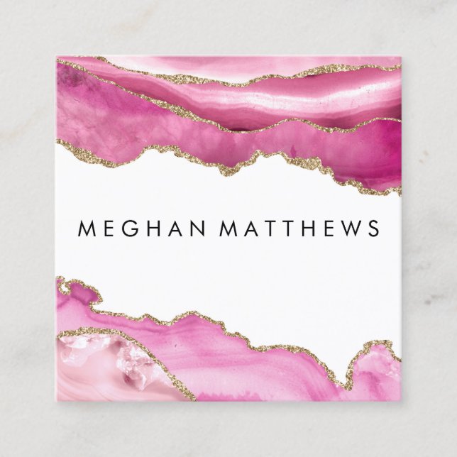 Pink Agate Gold Sparkle Beauty Stylist  Makeup Square Business Card (Front)