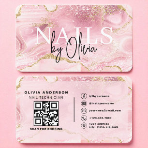 Pink Agate Marble QR Code Nail Specialist Artist  Business Card
