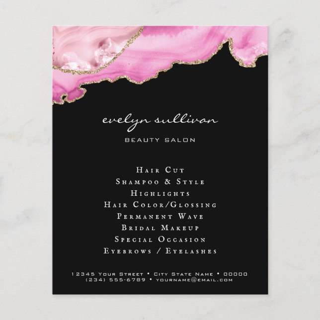 pink agate on black beauty salon flyer (Front)