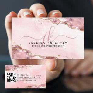 Pink Agate Script Monogram Gold Glitter QR Business Card