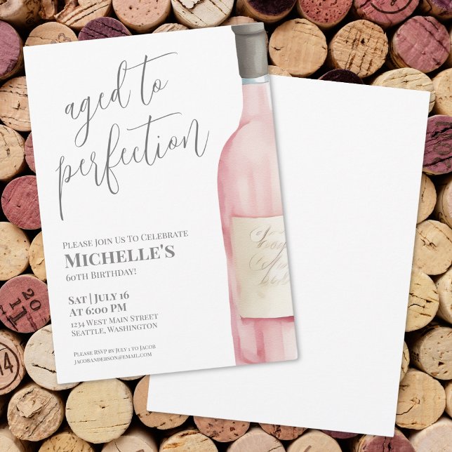 Pink Aged To Perfection Wine Birthday Party Invitation (Wine Simple Sixty 60th Birthday Party Invitation)