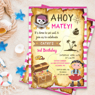 Pink Ahoy Treasure Map Girls Pirate Birthday Invitation