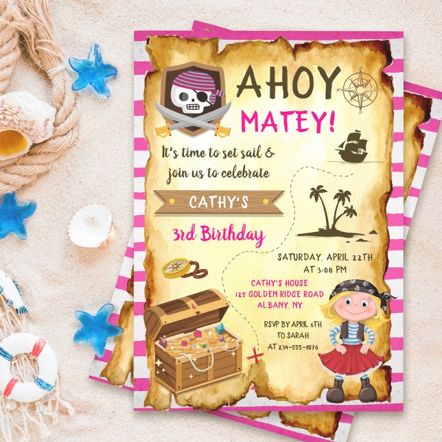 Pink Ahoy Treasure Map Girls Pirate Birthday Invitation (Creator Uploaded)