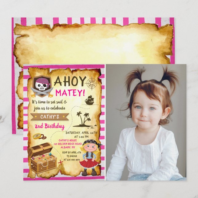 Pink Ahoy Treasure Map Girls Pirate Photo Birthday Invitation (Front/Back)