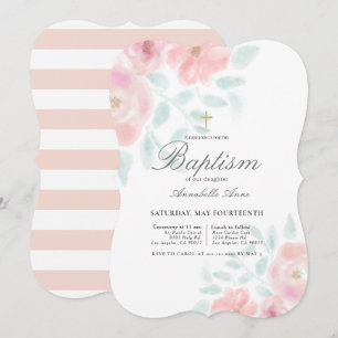 Pink Airy Roses Floral Girl Baptism Invitation