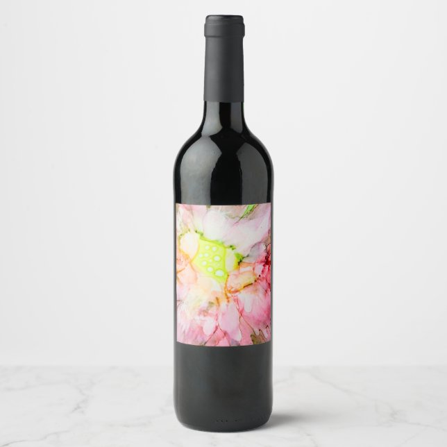 Pink Alcohol Ink Abstract Flower Wine Label (Front)