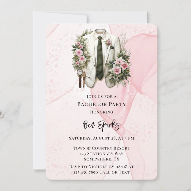 Pink Alcohol Ink Groom Suit Bachelor Party Invitation (Front)