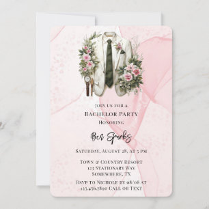 Pink Alcohol Ink Groom Suit Bachelor Party Invitation