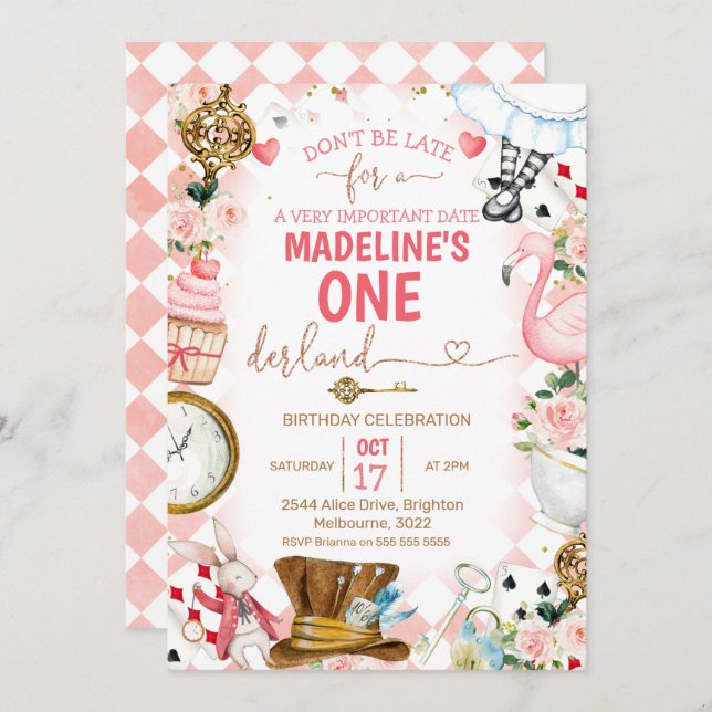 Pink Alice In Onederland 1st Birthday Invitation (Front/Back)